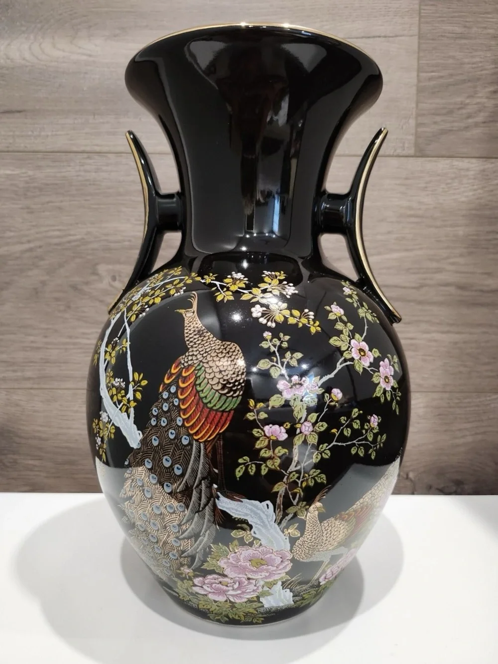 Vintage Japanese Black Ceramic Vase double handled gloss finish hand painted 10”